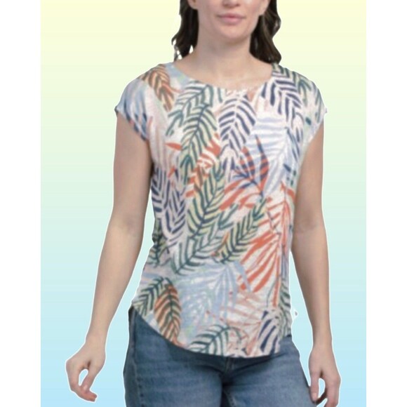 TAHARI 100% Linen Slub Knit Button Back Women’s T-Shirt Top Size M in Leaf Print - Picture 2 of 5